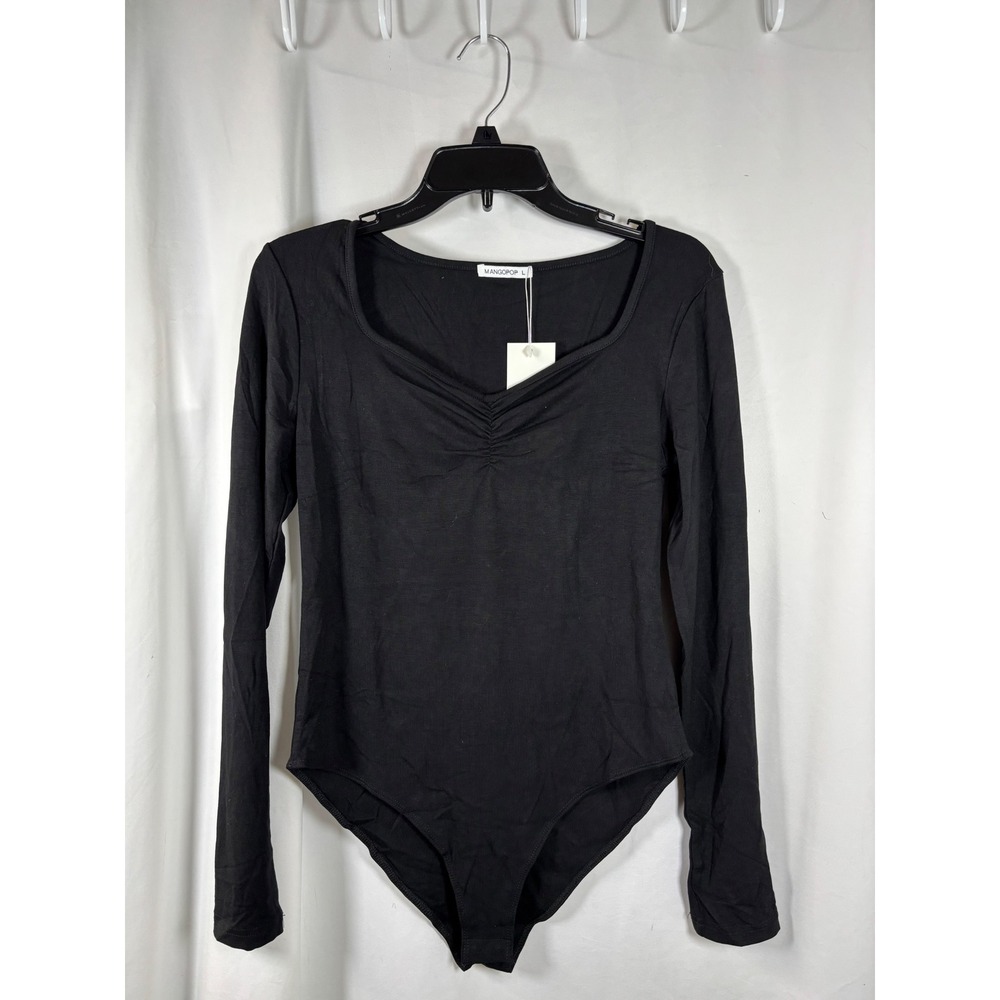MANGOPOP Black Long Sleeve Sweetheart Neck Cinched Bodysuit Large NWT